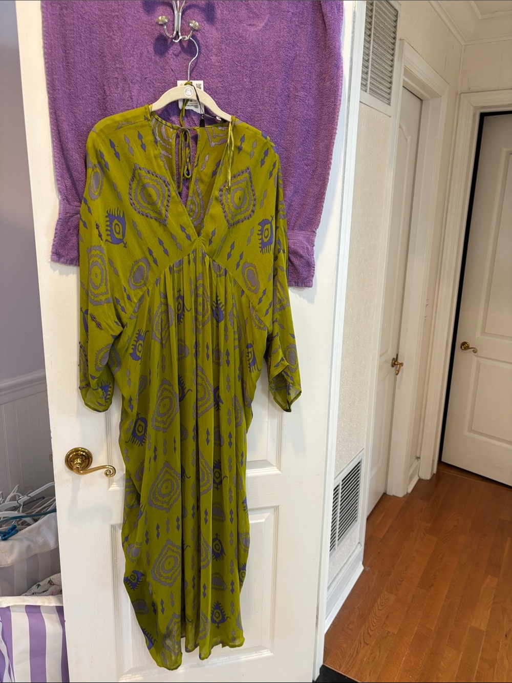NWT Zara Olive Green and Purple Printed Maxi Dress Beaded Detail